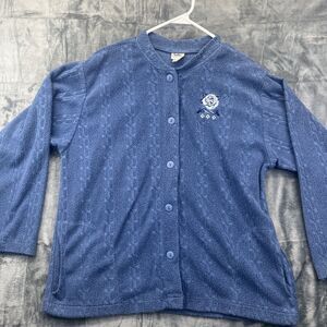 Suttons Stitchwear XL Button Up Blue USA Embroidery Rose Vintage 90s Grannycore